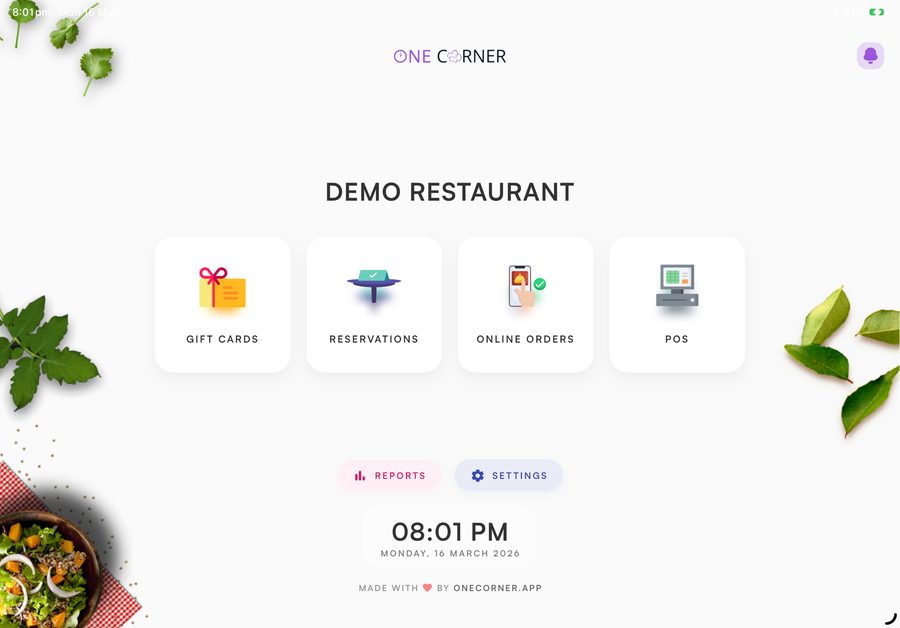 One Corner POS running on a tablet — dashboard, table floor plan, order cart and online orders