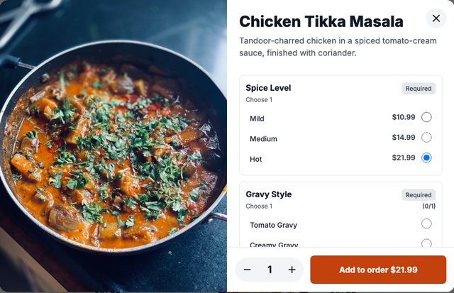 Example ordering page menu, cycling through cuisines and brand colors