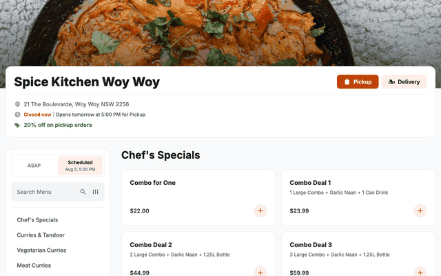 Walkthrough of an example One Corner ordering page on desktop: browsing an Indian menu, choosing a spice level, and adding items to cart