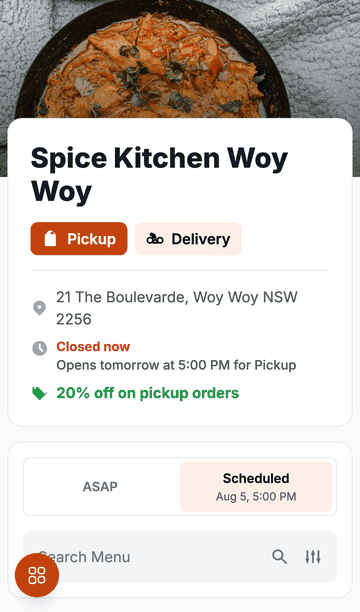 Walkthrough of the same ordering page on mobile: browsing an Indian menu, choosing a spice level, and adding items to cart